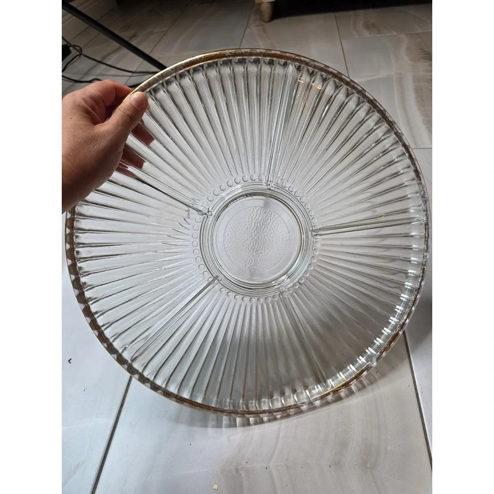 Vintage Divided Glass Relish Tray Gold Rim Ribbed 4 Section Round Server 14in E1